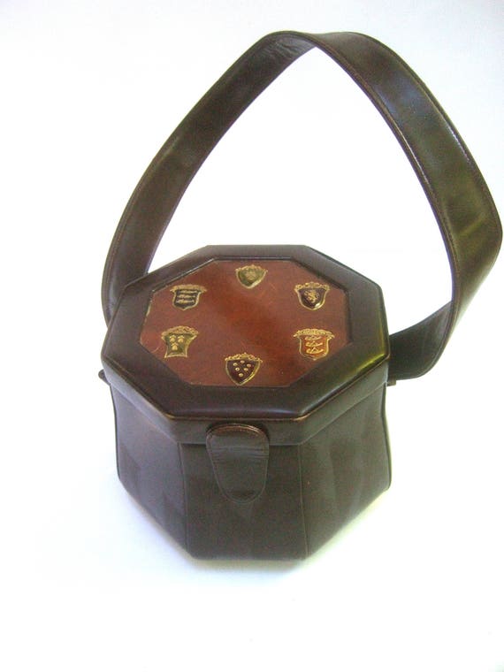 1950s Unique Brown Leather Octagon Box Purse