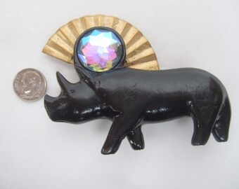 Broche Vintage Rhinocéros En Relief – émail Et Cristaux, Référence 654, Bon état
