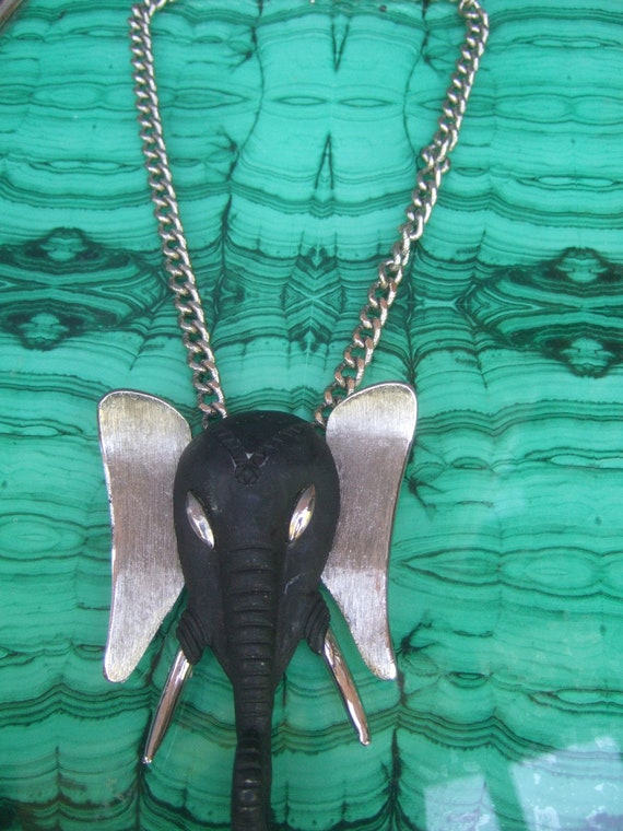 MASSIVE Ebony Resin Silver Metal Elephant Pendant… - image 7