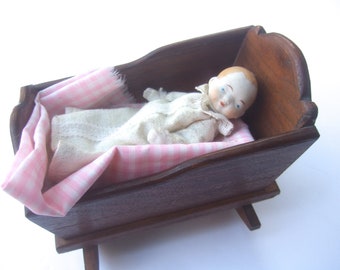 Tiny Adorable Bisque Baby in Wood Rocking Cradle