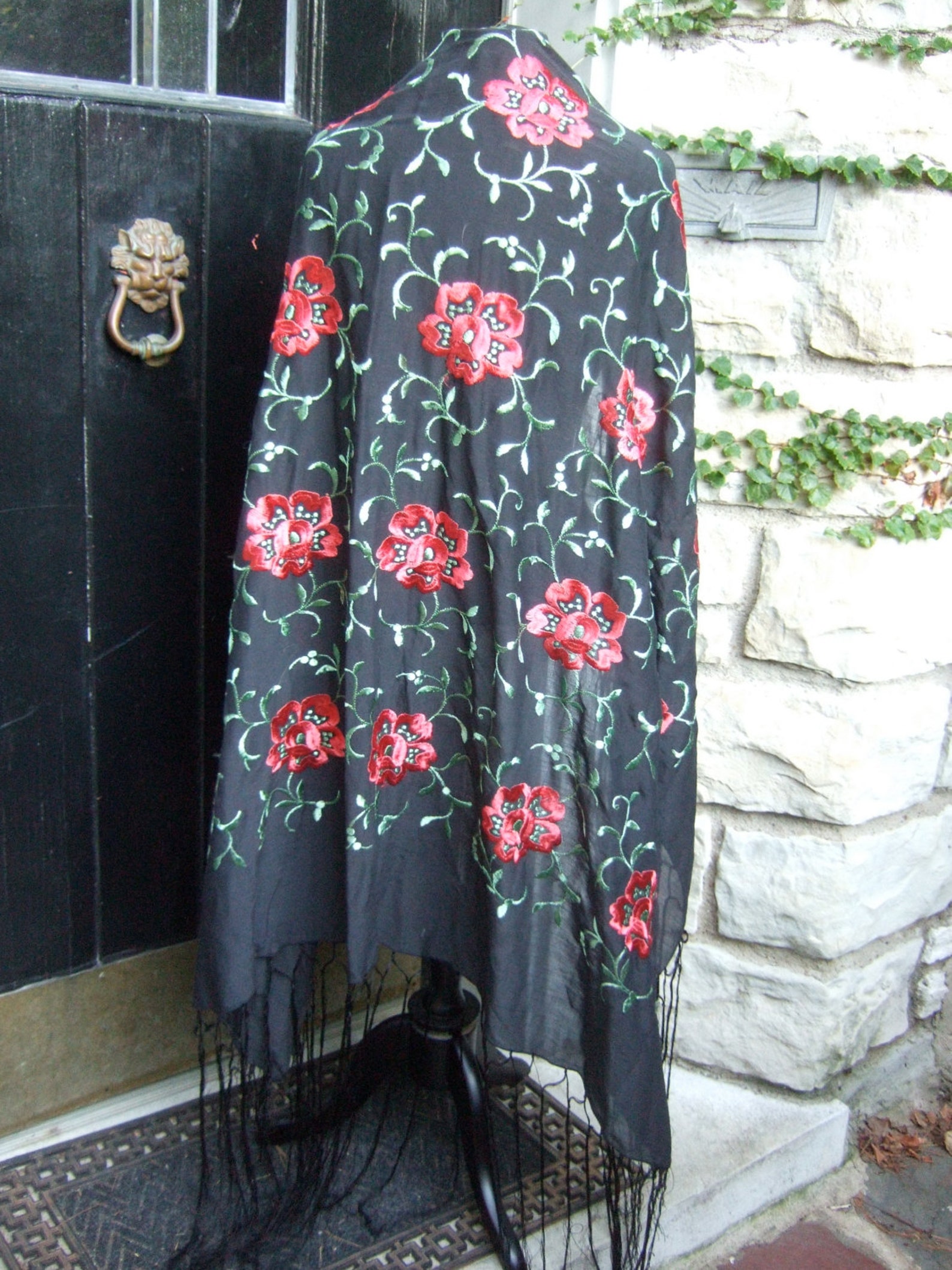 embroidered shawl with fringe