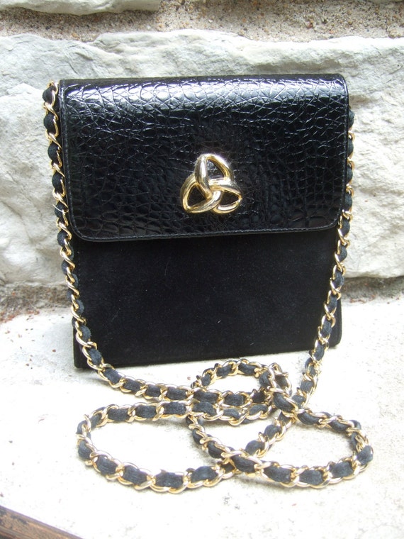 Stylish Black Suede Gold Trim Shoulder Bag designe