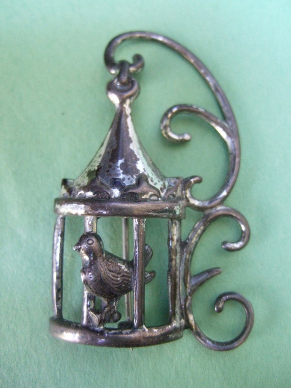 Sterling Whimsical Bird Cage Brooch c 1950 - image 3