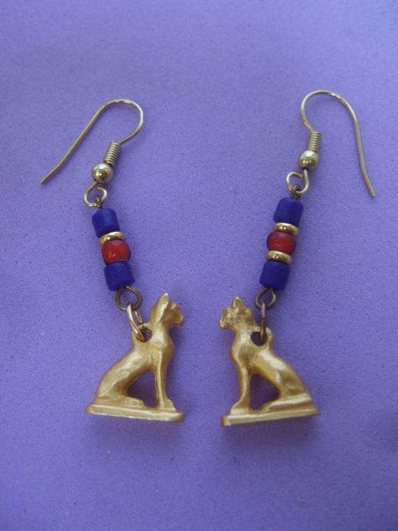 Egyptian Style Gilt Metal Feline Earrings - image 4