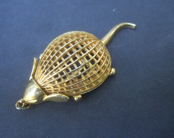 Whimsical Gilt Metal Large Scale Mouse Pendant c 1970s