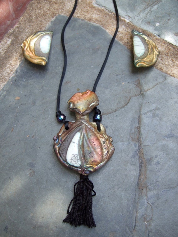 Unique Artisan Ceramic Necklace & Earring Set c 1… - image 3