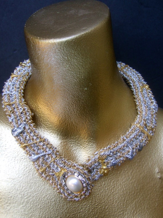 Unique Artisan Woven Mesh Metallic Pearl Choker N… - image 3