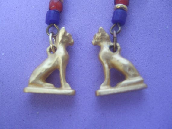 Egyptian Style Gilt Metal Feline Earrings - image 1