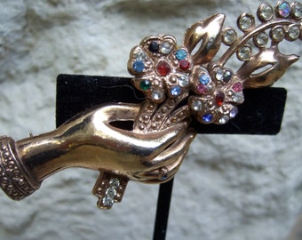 1950s Jeweled Gilt Hand Brooch