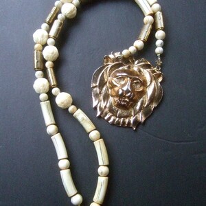 Long Dramatic Gilt Lion Pendant Necklace c 1980s image 4