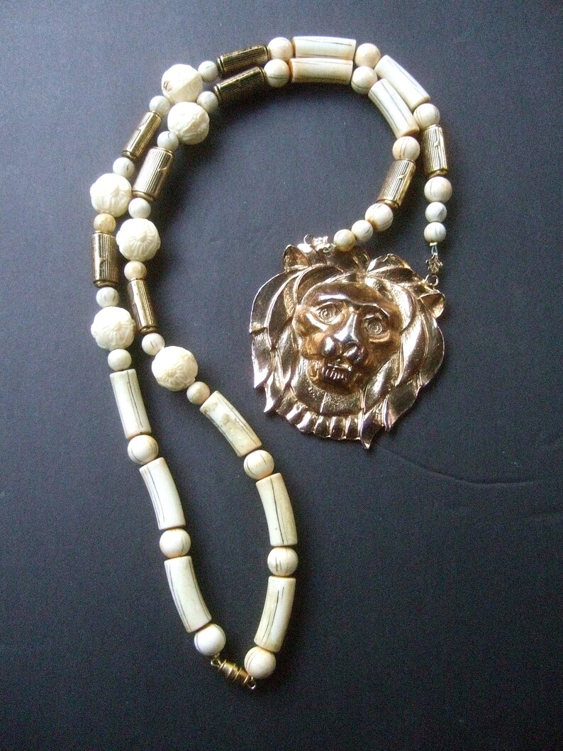 Long Dramatic Gilt Lion Pendant Necklace c 1980s image 4
