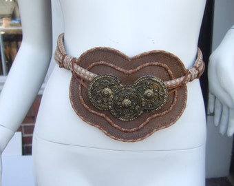 Exotic Handmade Brown Leather Brass Medallion Belt c 1980s