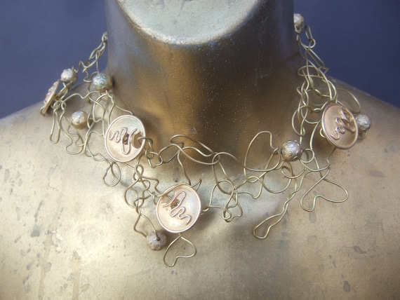 Avant-garde Gilt Wire Artisan Choker Necklace c 1… - image 1