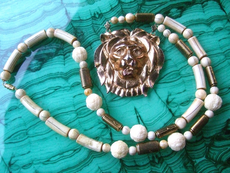 Long Dramatic Gilt Lion Pendant Necklace c 1980s image 5