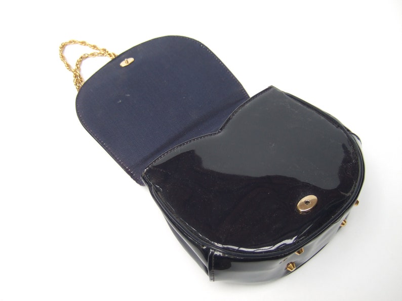 Stylish Small Dark Blue Patent Vinyl Lion Emblem Handbag c 1970s image 8