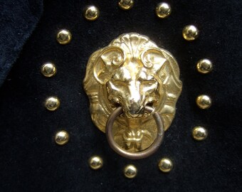 Stylish Gilt Lion Emblem Black Suede Shoulder Bag