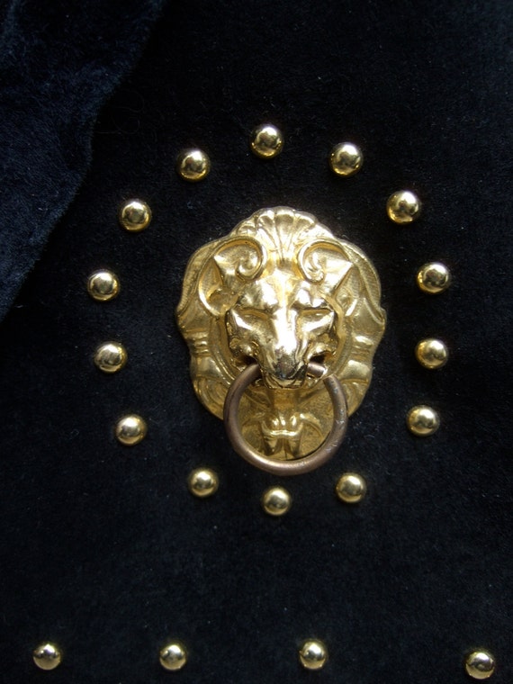 Stylish Gilt Lion Emblem Black Suede Shoulder Bag