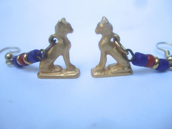 Egyptian Style Gilt Metal Feline Earrings - image 2