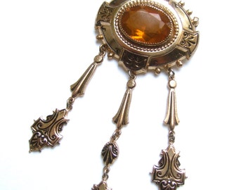 Ornate Topaz Crystal Dangling Medallion Brooch c 1970s