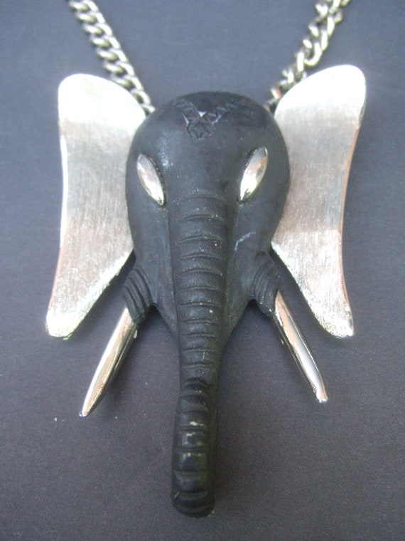 MASSIVE Ebony Resin Silver Metal Elephant Pendant… - image 3