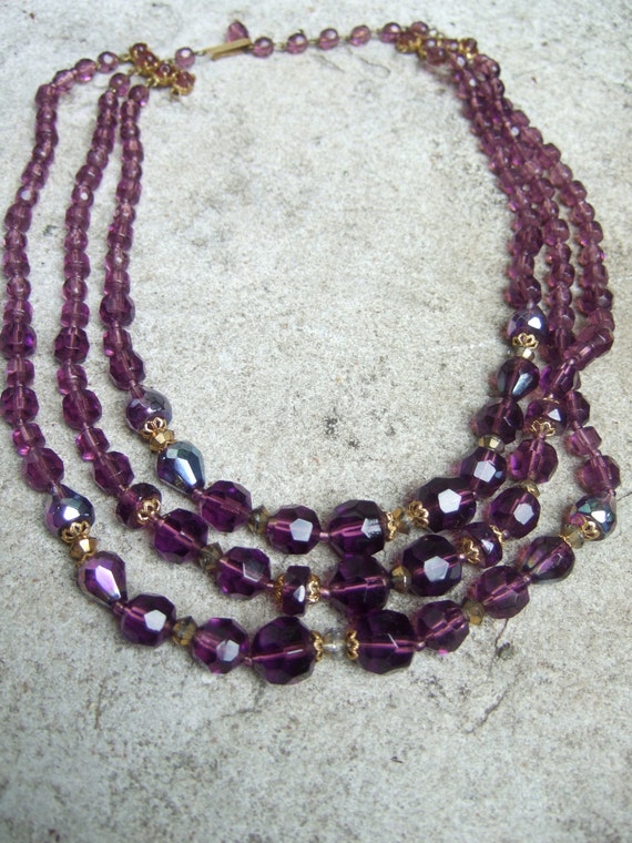 Elegant Amethyst Crystal Triple Strand Necklace c 