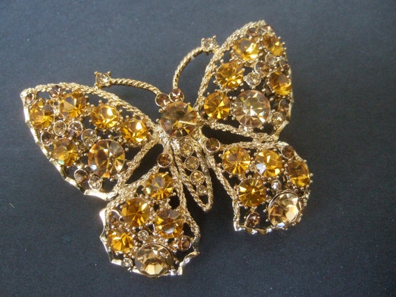 Glittering Golden Yellow Crystal Butterfly Brooch… - image 2