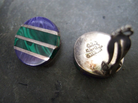 Mexican Sterling Malachite Violet Stone Clip Earr… - image 5