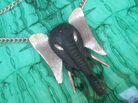 MASSIVE Ebony Resin Silver Metal Elephant Pendant… - image 8