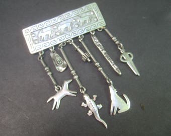 Unique Pewter Tone Metal Dangling Charm Brooch c 1980s