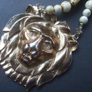 Long Dramatic Gilt Lion Pendant Necklace c 1980s image 1