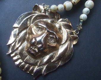 Long Dramatic Gilt Lion Pendant Necklace c 1980s