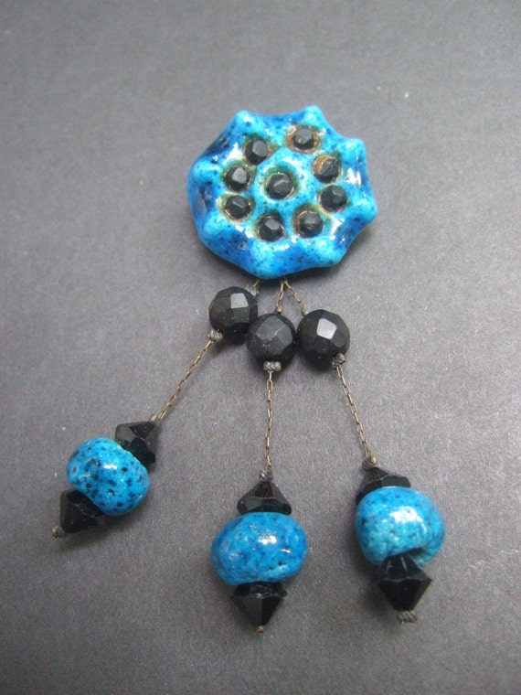 Unique Ceramic Crystal Beaded Brooch c 1960