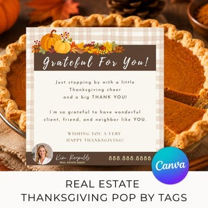 Pode incluir: Uma etiqueta retangular de Ação de Graças com fundo xadrez bege, uma ilustração de abóboras e folhas de outono, e o texto: Grateful For You! Just stopping by with a little Thanksgiving cheer and a big THANK YOU! I'm so grateful to have wonderful client, friend, and neighbor like YOU. WISHING YOU A VERY HAPPY THANKSGIVING! Kim Reynolds Real Estate Agent 888.888.8888.