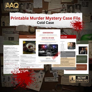May include: Printable murder mystery case file titled "Cold Case." The file includes crime scene photos, victim details, and evidence reports. The design features a vintage aesthetic with a detective theme, including a magnifying glass and a "Confidential" stamp.