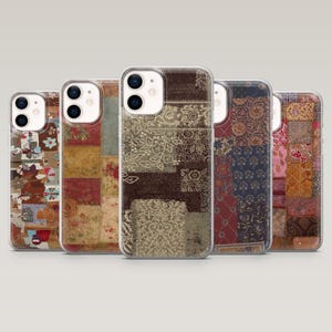 May include: A collection of five clear phone cases with patchwork designs. The cases feature various patterns in shades of brown, beige, red, and green. The designs include floral, paisley, and geometric motifs, creating a vintage aesthetic.