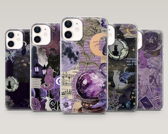 May include: A collection of five phone cases with a mystical theme. Each case features a unique design with purple, black, and white elements. Designs include moons, cats, crystal balls, and celestial imagery. The cases are made of clear plastic.