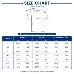 May include: A white size chart with measurements in inches and centimeters for t-shirts. The chart includes length, width, and sleeve center back measurements for sizes S to 4XL. The text at the top reads "SIZE CHART".