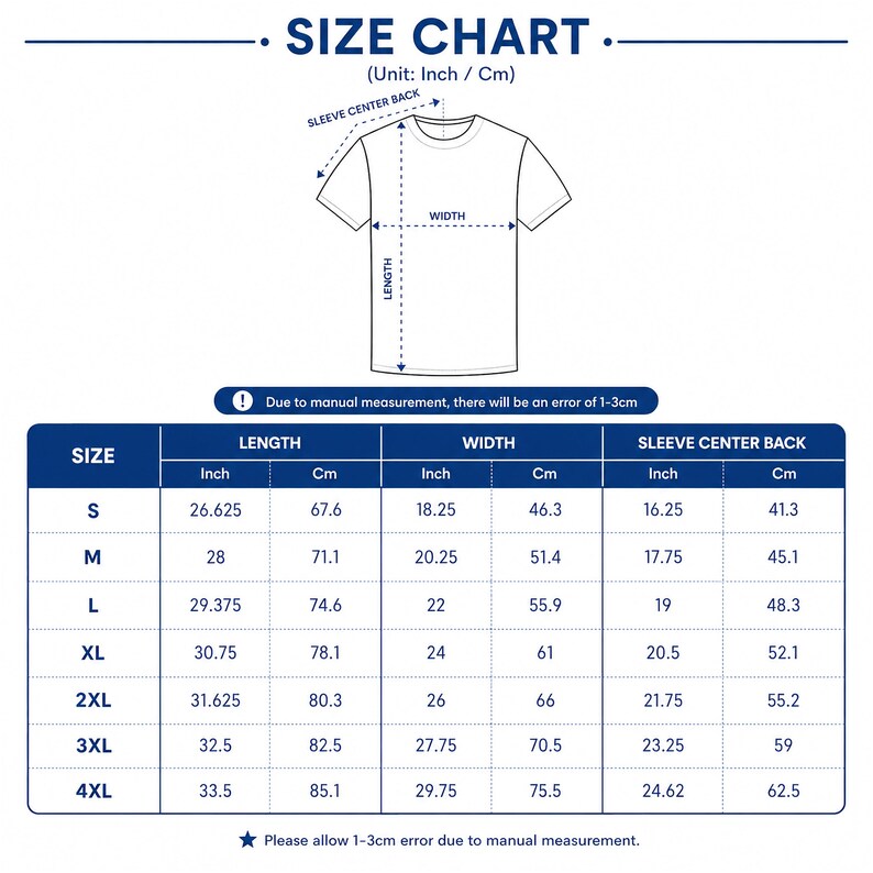May include: A white size chart with measurements in inches and centimeters for t-shirts. The chart includes length, width, and sleeve center back measurements for sizes S to 4XL. The text at the top reads "SIZE CHART".