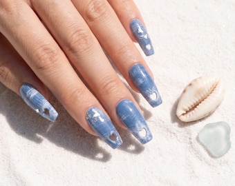 Denim Effect Press On Nails | Heart Cut-Outs, Silver Leaf | Glossy Washed Jean Design