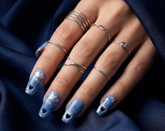 Denim Effect Press On Nails with Heart Cut-Outs | Silver Leaf Blue Jean Nails | Handmade Distressed Almond Nails | Y2K Coquette Aesthetic