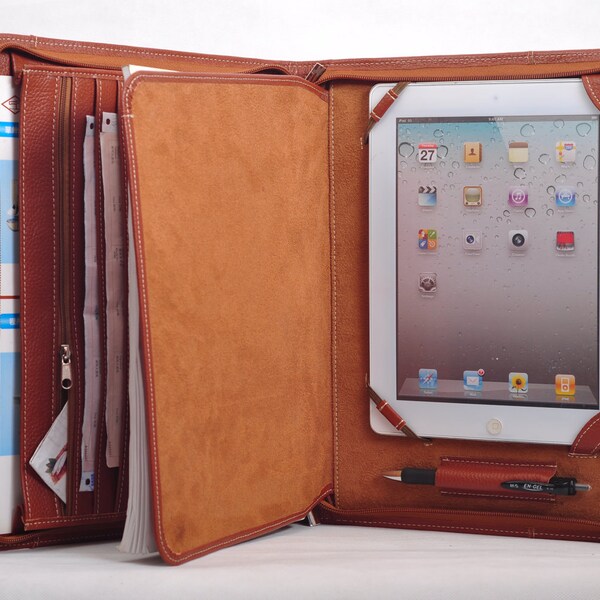 Item No.:4004 Top grain leather Multi-functional portfolio & iPad case for iPad1, iPad2/3/4, or iPad Air in brown (bigger size)