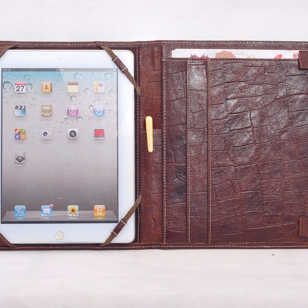Genuine iPad leather case/iPad portfolio case leather with notebook space in Coffee color