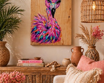 Quadro in legno con fenicottero dipinto a mano – Decorazione murale tropicale in stile boho colorata