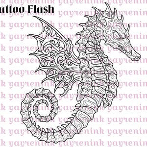 May include: Black and white tattoo flash design of a seahorse with detailed wing-like fins and a curled tail. The text "Tattoo Flash" is at the top. The seahorse has an intricate, ornate design.