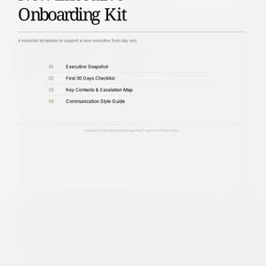 Puede incluir: Documento blanco titulado "New Executive Onboarding Kit" con el texto "Executive Assistant" en la parte superior. El documento enumera cuatro plantillas: Executive Snapshot, First 30 Days Checklist, Key Contacts & Escalation Map y Communication Style Guide.