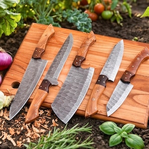 Juego de cuchillos de acero de Damasco hechos a mano de 5 piezas – Juego de cubiertos de cocina para chef y barbacoa, regalo perfecto.
