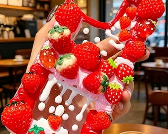 Kawaii Strawberry Decoden Phone Case, Custom Handmade iPhone 17 16 15 14 13 12 11 Pro Max Cover, 3D Red Fruit Charm Case, Gift for Her
