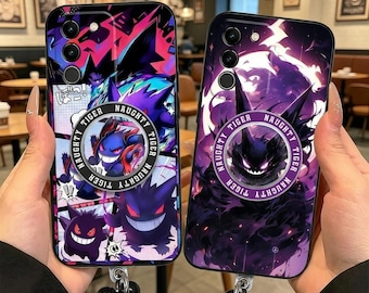 Gengar Magnetic Stand Case for Samsung S26 S25 S24 iPhone 17 16 15 14 13 12 11 Pro Max, Purple Manga Ghost Cover,Gamer Gift with Wrist Strap