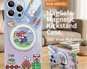 Mario MagSafe Kickstand Case for iPhone 17 16 15 14 13 12 Pro Max Plus, 360 Rotating Magnetic Stand, Retro Gamer Gift Phone Cover