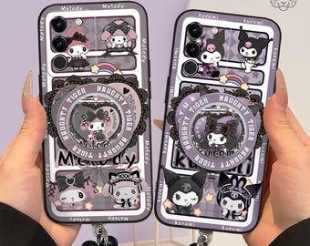 Kuromi My Melody Magnetic Stand Case for iPhone 17 16 15 14 13 Samsung S26 S25 S24, Goth Kawaii Cover with Beaded Wrist Strap Gamer Gift